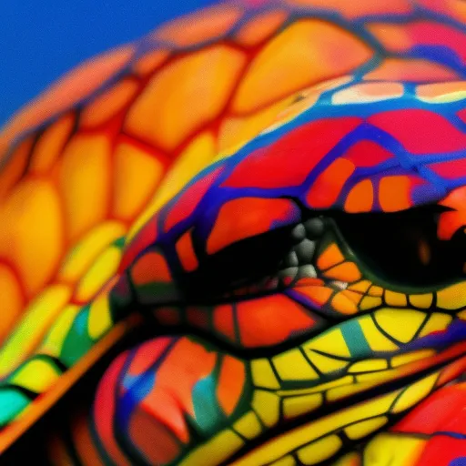 

This image shows a close-up of a brightly colored exotic turtle, with its head and neck sticking out of its shell. The vibrant colors of the turtle's skin and shell are a reminder of the beauty of these creatures, while also highlighting
